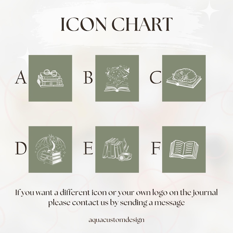 May include: An icon chart featuring six illustrations. The images include books, spectacles, a cat, a dragon, a cup of tea, and an open book. The text "ICON CHART" is displayed at the top of the image.