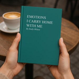 May include: A teal book titled "EMOTIONS I CARRY HOME WITH ME" by Emily Wilson is held in hands. A cup of coffee sits on a table in the background. The book's cover is a solid teal color.