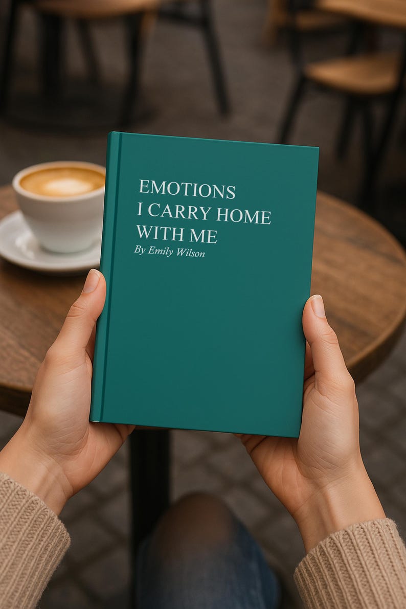 May include: A teal book titled "EMOTIONS I CARRY HOME WITH ME" by Emily Wilson is held in hands. A cup of coffee sits on a table in the background. The book's cover is a solid teal color.