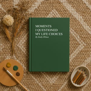 May include: A hardcover book with a dark green cover, titled "Moments I Questioned My Life Choices" by Emily Wilson. The book is on a patterned rug, with a palette, paintbrush, and pencils nearby.