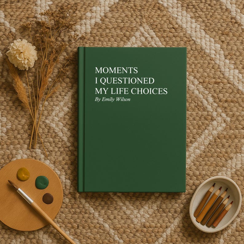 May include: A hardcover book with a dark green cover, titled "Moments I Questioned My Life Choices" by Emily Wilson. The book is on a patterned rug, with a palette, paintbrush, and pencils nearby.