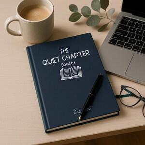 May include: A navy blue journal with the text "THE QUIET CHAPTER Society" and an open book illustration. A black pen rests on the journal, next to a laptop, a cup of coffee, and eyeglasses. The journal is dated "Est. 20".