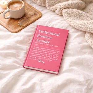 May include: A pink hardcover book titled "Professional Problem Avoider" with white text. The book is on a white surface with a cup of coffee, glasses, and a wooden tray in the background. The book's definition is also visible.