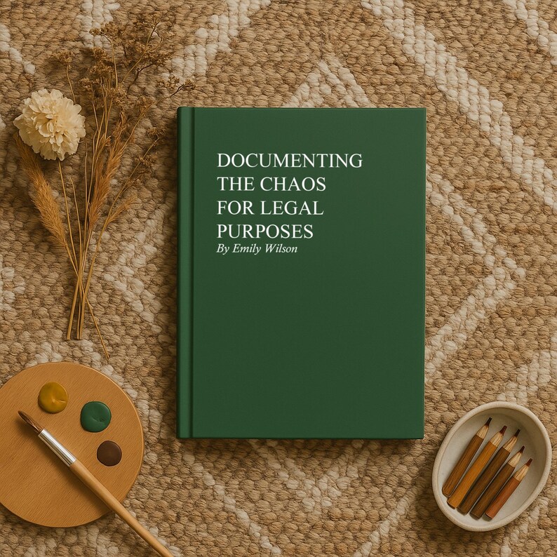May include: A dark green book titled "Documenting the Chaos for Legal Purposes" by Emily Wilson. The book is on a woven rug, with a wooden palette, paint brush, and pencils nearby. Dried flowers are also present.