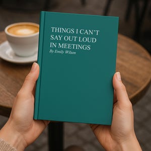 May include: A teal book titled "THINGS I CAN'T SAY OUT LOUD IN MEETINGS" by Emily Wilson. The book is held by a person, with a coffee cup and table in the background.
