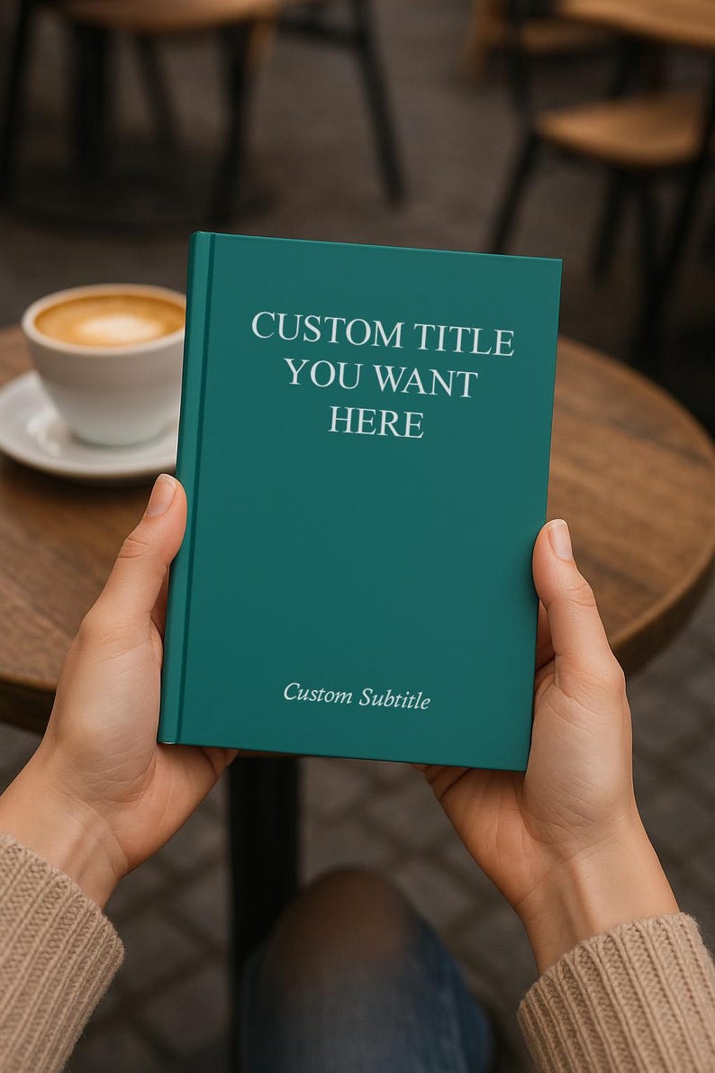 May include: A teal book with the text "CUSTOM TITLE YOU WANT HERE" and "Custom Subtitle" in white. The book is held by hands, with a blurred background of a table and a cup of coffee.