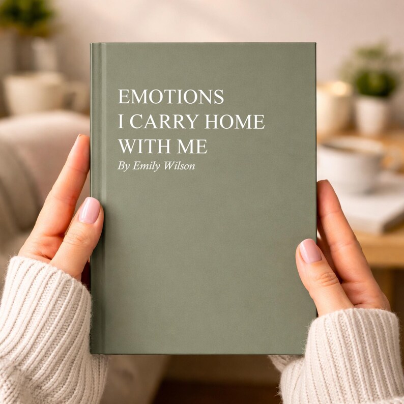 May include: A sage green book titled "EMOTIONS I CARRY HOME WITH ME" by Emily Wilson. The book is held by a person wearing a white sweater. The book's cover is a solid color with white text.
