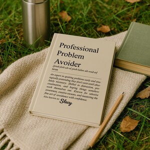 May include: A book titled "Professional Problem Avoider" with a definition, lying on a beige blanket. A stainless steel tumbler and a green book are in the background. A pencil rests on the blanket.
