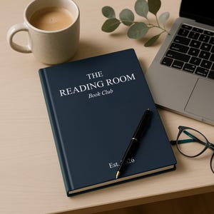 May include: A navy blue book with the text "THE READING ROOM Book Club" in white, and "Est. 26". A black pen lies on the book, beside a laptop, a coffee cup, and spectacles.