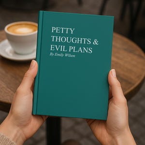 May include: A teal book titled "Petty Thoughts & Evil Plans" by Emily Wilson. The book is held in front of a blurred background with a cup of coffee on a table.