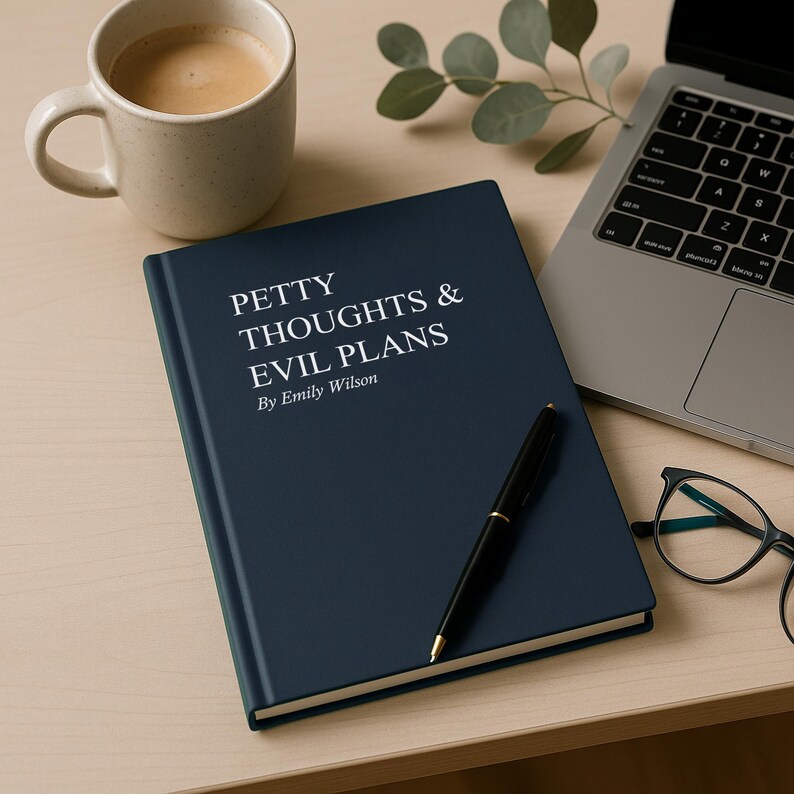 May include: A navy blue hardcover journal with the title "Petty Thoughts & Evil Plans" and the author's name, Emily Wilson, in white lettering. A black pen rests on the journal, next to a laptop, a cup of coffee, and eyeglasses.
