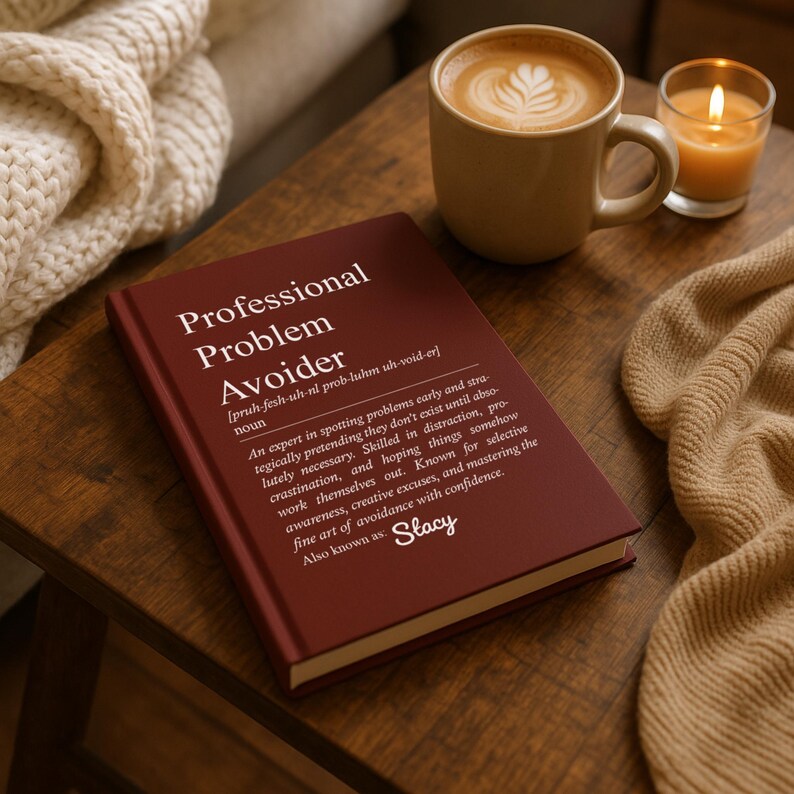 May include: A maroon book titled "Professional Problem Avoider" with a definition and the name "Stacy" on a wooden table. A beige mug with a latte and a lit candle are also on the table, along with a beige scarf.