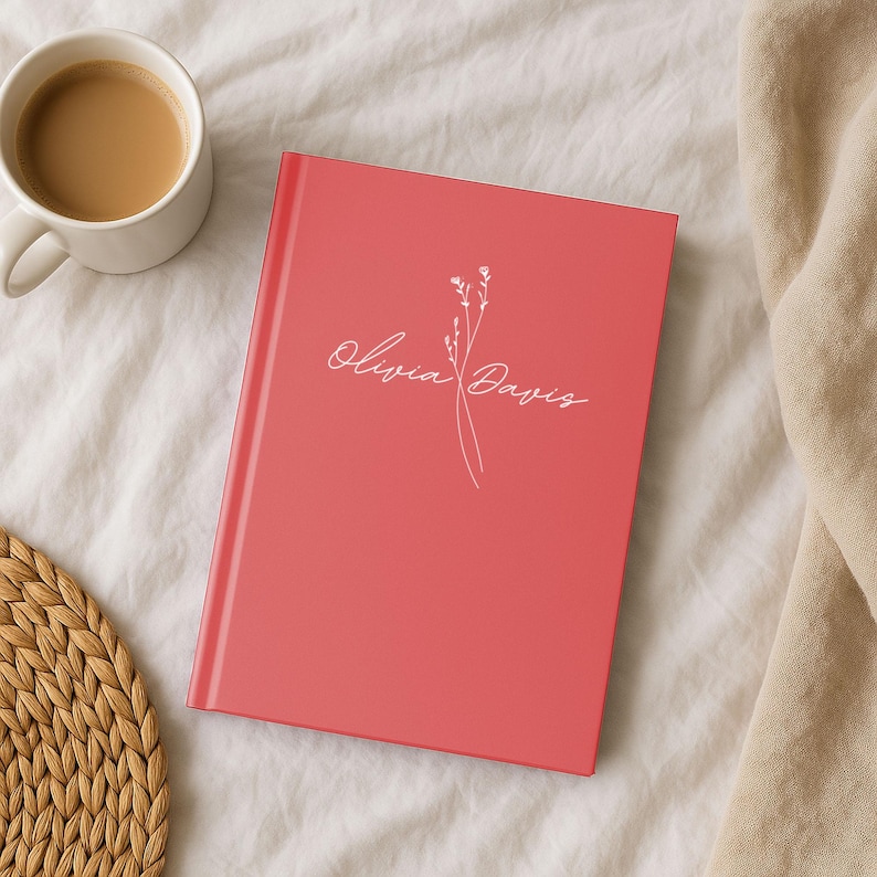 Peut inclure: Un journal de couleur corail avec le nom "Olivia Davis" en &eacute;criture blanche &eacute;l&eacute;gante, accompagn&eacute; d'un motif floral d&eacute;licat. Une tasse de caf&eacute; est &agrave; gauche du journal, et un dessous de plat tress&eacute; est en bas &agrave; gauche.