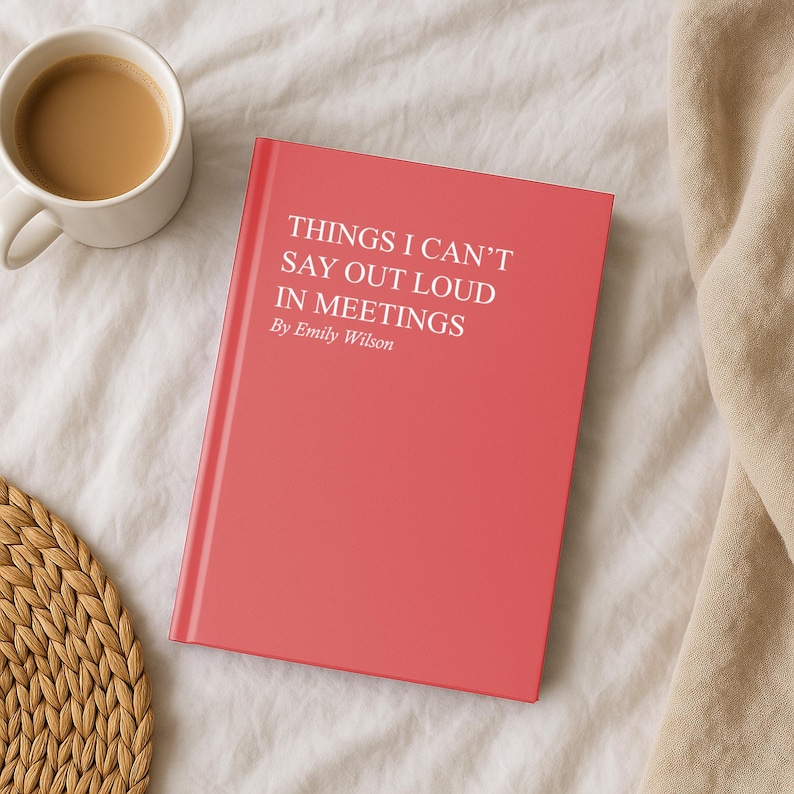 A coral pink hardcover journal titled “Things I Can’t Say Out Loud in Meetings” resting on a soft white blanket next to a cup of coffee, a woven mat, and a beige throw. Cozy flatlay scene showcasing a humorous personalized office notebook ideal for meeting notes, workplace sarcasm, and coworker gifts.