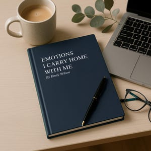 May include: A navy blue book titled "Emotions I Carry Home With Me" by Emily Wilson, with a black pen resting on top. A cup of coffee and a laptop are also visible.