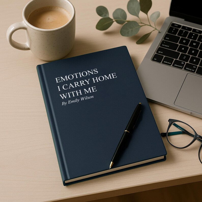 May include: A navy blue book titled "Emotions I Carry Home With Me" by Emily Wilson, with a black pen resting on top. A cup of coffee and a laptop are also visible.