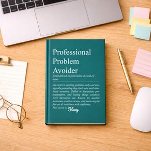 May include: A teal book titled "Professional Problem Avoider" with text describing the definition of the term. The book is on a wooden desk with a laptop, pen, sticky notes, and a computer mouse.