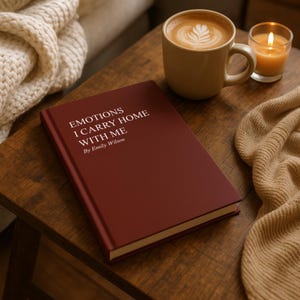 May include: A maroon book titled "Emotions I Carry Home With Me" by Emily Wilson rests on a wooden table. Beside it are a beige mug of latte art, a lit candle in a glass, and a tan knitted blanket.