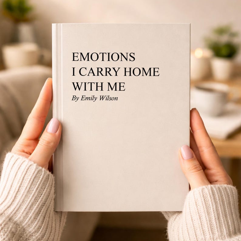 May include: A hardcover book with the title "EMOTIONS I CARRY HOME WITH ME" by Emily Wilson. The book has a cream-colored cover and is held by a person wearing a cream-colored sweater. The background is blurred, suggesting a cozy indoor setting.