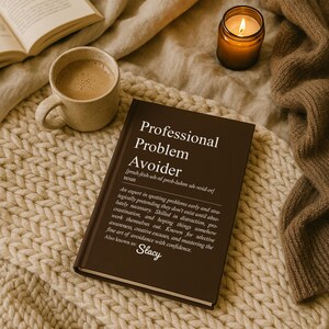 May include: A brown book titled "Professional Problem Avoider" with text and a definition, next to a cup of coffee, a lit candle, and a cozy blanket. The book is also known as "Stacy".