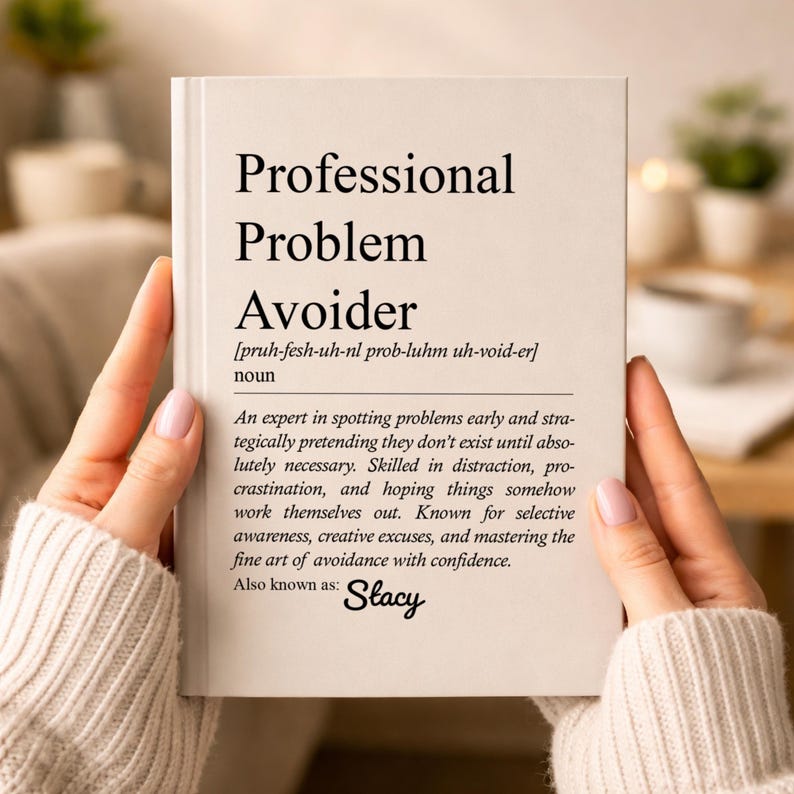 May include: A book titled "Professional Problem Avoider" with a definition and the name "Stacy" below. The book is held by a person with a blurred background.