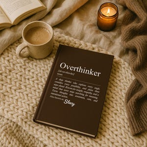 May include: A brown book titled "Overthinker" with a definition, resting on a cream-colored knitted blanket. A mug of coffee and a lit candle are also present, creating a cozy, relaxing scene.