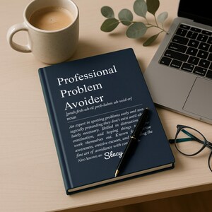 May include: A navy blue notebook with the words "Professional Problem Avoider" in white. A black pen rests on the notebook, and a cup of coffee and a laptop are in the background.
