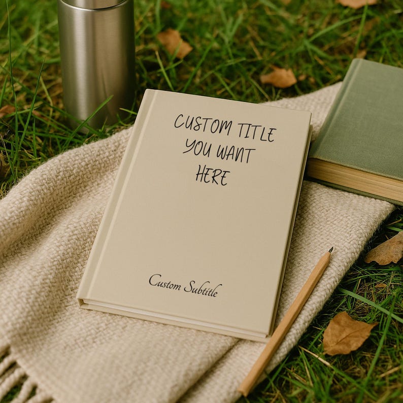 May include: A beige notebook with the text "CUSTOM TITLE YOU WANT HERE" and "Custom Subtitle" sits on a cream-colored blanket. A pencil and a green book are also present. A silver thermos is in the background.