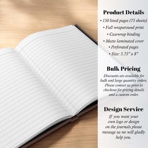May include: An open notebook with lined pages, showcasing the interior design. The notebook has a matte laminated cover and casewrap binding. The size is 5.75" x 8". The product details are listed on the right side of the image.
