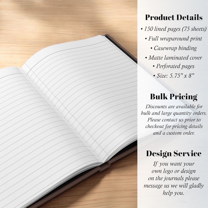 May include: An open notebook with lined pages, showcasing the interior design. The notebook has a matte laminated cover and casewrap binding. The size is 5.75" x 8". The product details are listed on the right side of the image.
