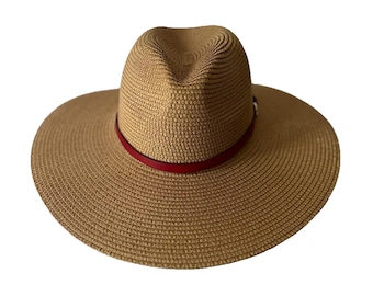 Khaki Straw Panama Hat: Wide Brim Fedora with Interchangeable Buckles