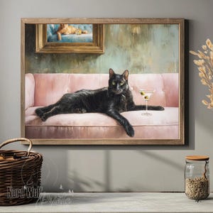 マティーニを持った黒猫のプリント | キュートで気まぐれなアート | バーカートの装飾カクテルアート | ファインアートプリント | ムーディーなウォールアート | ピンクのウォールアート | MCMアート