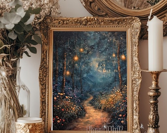 Impresión giclée de un sendero forestal encantado, arte paisajístico floral