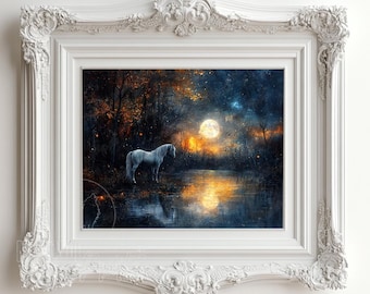 Impresión giclée de Unicornio encantado, Estanque iluminado por la luna, Arte fantástico