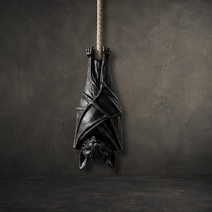 Peut inclure: Une sculpture de chauve-souris noire suspendue la tête en bas à une corde épaisse de couleur claire. La chauve-souris est représentée avec ses ailes repliées étroitement autour de son corps, montrant des textures détaillées sur les ailes.