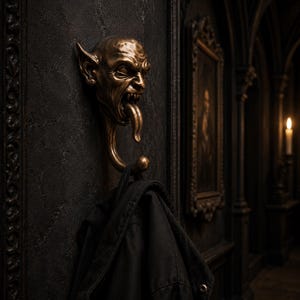 May include: A bronze-coloured wall hook shaped like a grotesque creature with pointed ears, a snarling expression, and a long tongue extending downwards to form the hook. A black garment hangs from the hook, which is mounted on a dark textured wall.