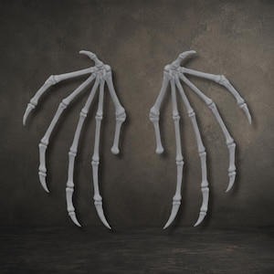 May include: A pair of light grey skeletal wing structures, each featuring five elongated, finger-like bone segments with distinct joints and pointed tips, arranged in a symmetrical, fan-like formation resembling bat or dragon wings.