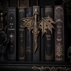 Hand Painted Tattered Dragon Spine Hugger, Gothic Fantasy Bookshelf Decor | Bookish