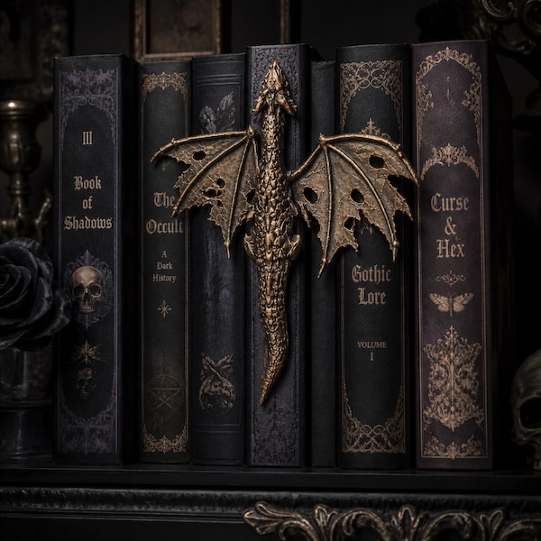 Hand Painted Tattered Dragon Spine Hugger, Gothic Fantasy Bookshelf Decor | Bookish
