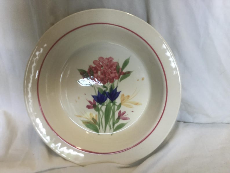 May include: A white ceramic pie plate with a red rim and a floral design featuring pink, blue, and yellow flowers.