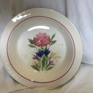 May include: A white ceramic soup bowl with a red rim and a floral design featuring pink, blue, and yellow flowers.