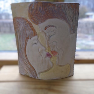 McCAULEY Art Pottery signed Kissing Couple VASE 11 3/4" Height Hand Made