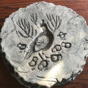 May include: A round, weathered stone stepping stone with a carved design of a bird surrounded by several chicks and foliage. The stone is a light gray color and has a rough, textured surface, perfect for a garden.