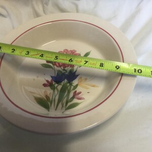 May include: A white ceramic bowl with a red rim and a floral design featuring pink, blue, and yellow flowers. The bowl measures 9 inches in diameter.
