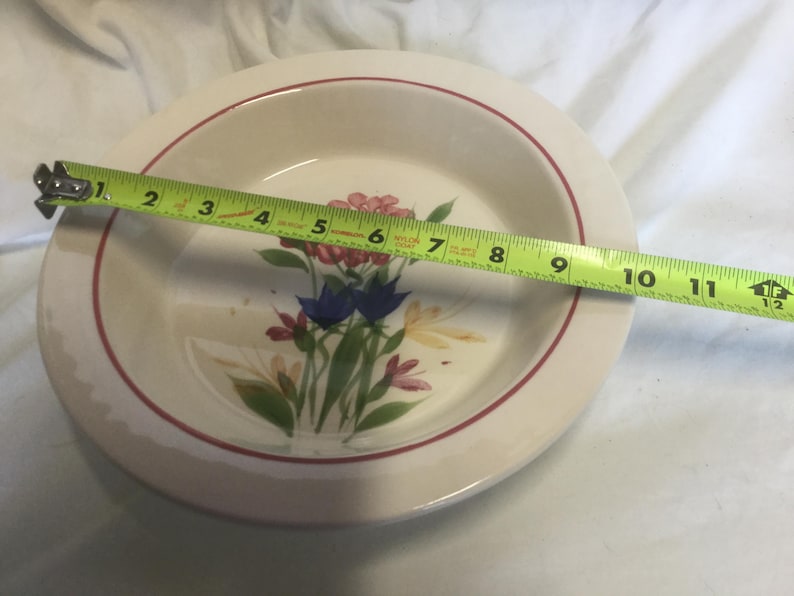 May include: A white ceramic bowl with a red rim and a floral design featuring pink, blue, and yellow flowers. The bowl measures 9 inches in diameter.