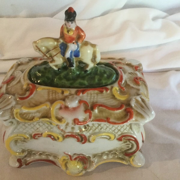 MADE in Japan, mid-century porcelain trinket/jewelry box features Man, Horse Lid Vintage