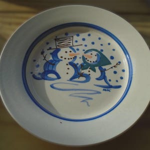 1996 Vintage NC Studio Pottery Christmas Snowman candle holder AND 2002 Plate Craig Kovack