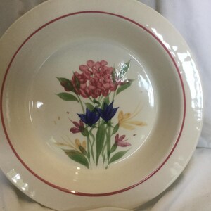 May include: A white ceramic soup bowl with a red rim and a floral design featuring pink, blue, and yellow flowers.