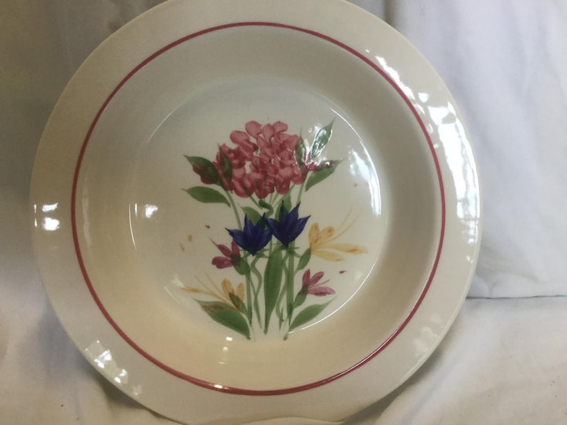 May include: A white ceramic soup bowl with a red rim and a floral design featuring pink, blue, and yellow flowers.