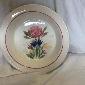 May include: A white ceramic soup bowl with a red rim and a floral design featuring pink, blue, and yellow flowers.